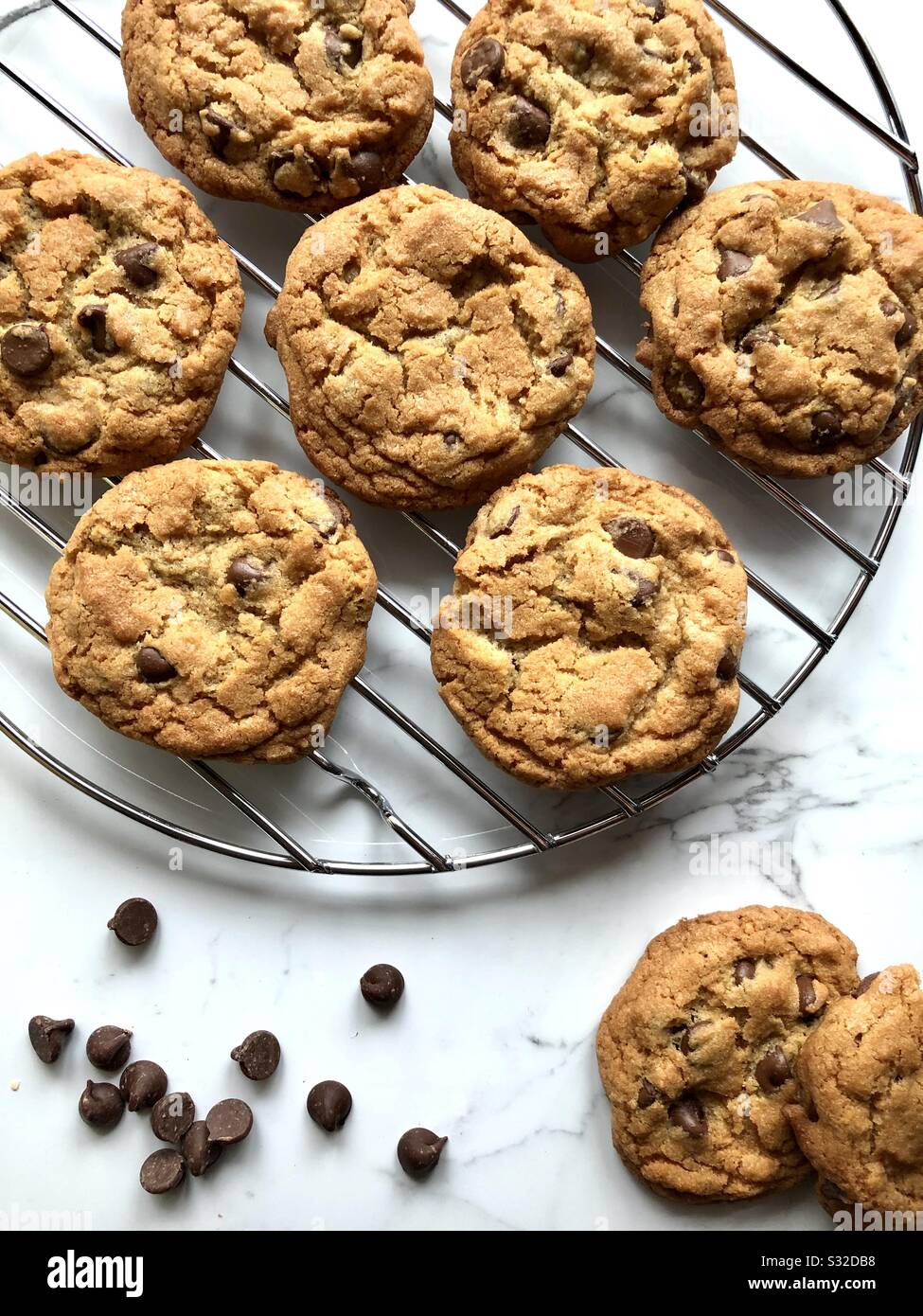Chocolate chip cookies on a wire cooling rack - Smartphone Captured Stock Image