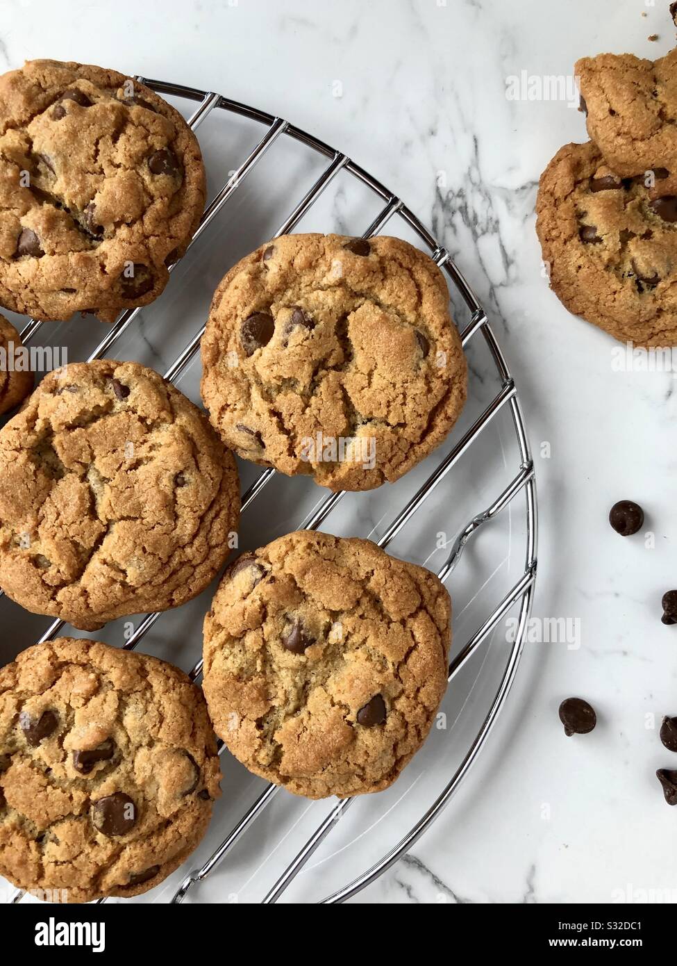 Chocolate chip cookies on a wire cooling rack - Smartphone Captured Stock Image
