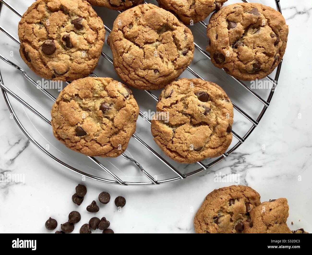 Chocolate chip cookies on a wire cooling rack Stock Photo