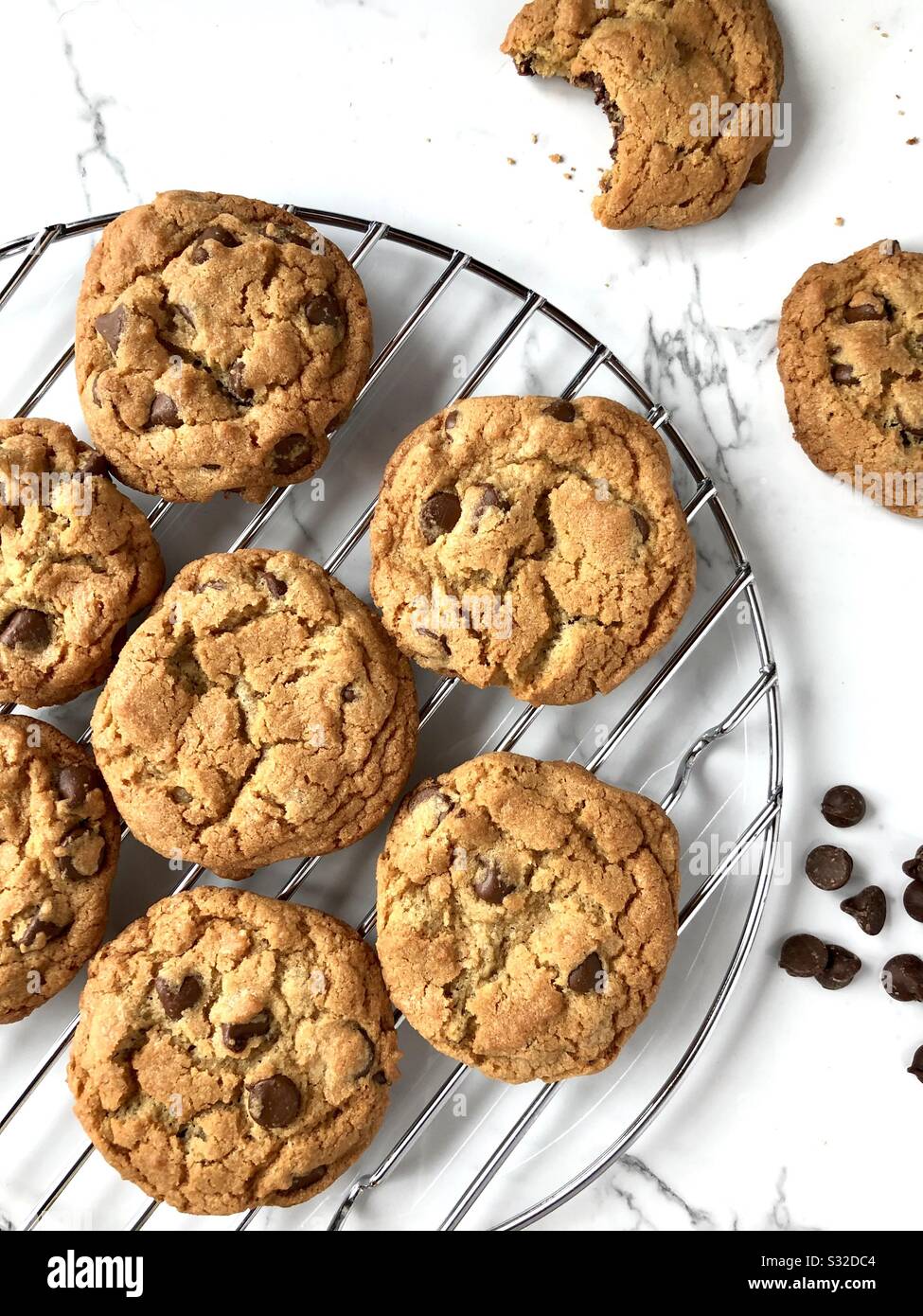 Chocolate chip cookies on a wire cooling rack - Smartphone Captured Stock Image