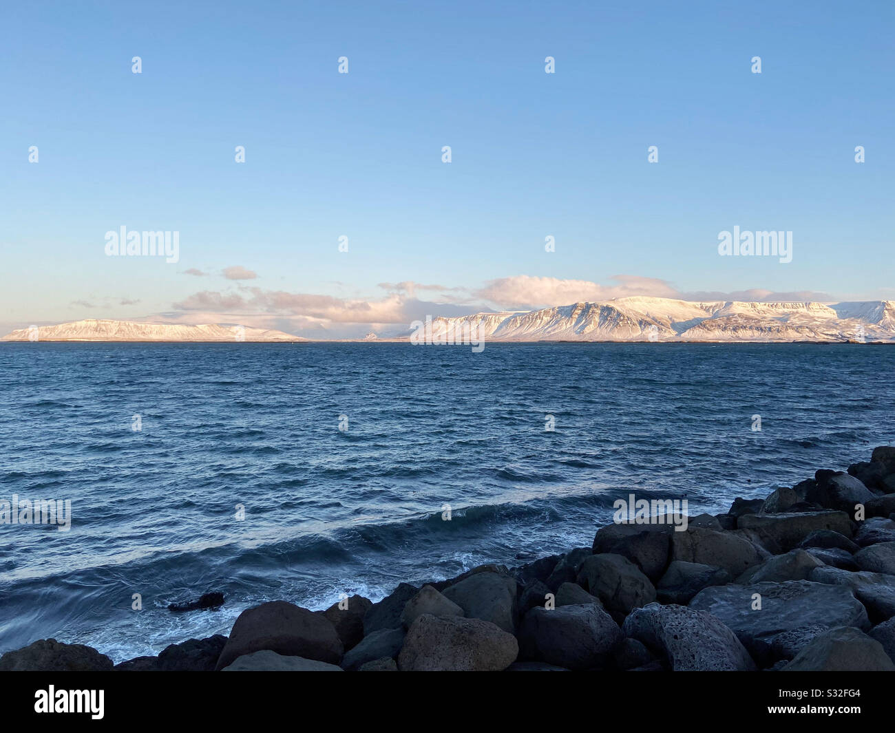 The view of Engey from the waterfront in Reykjavik, Iceland on December 12, 2019z - Smartphone Captured Stock Image
