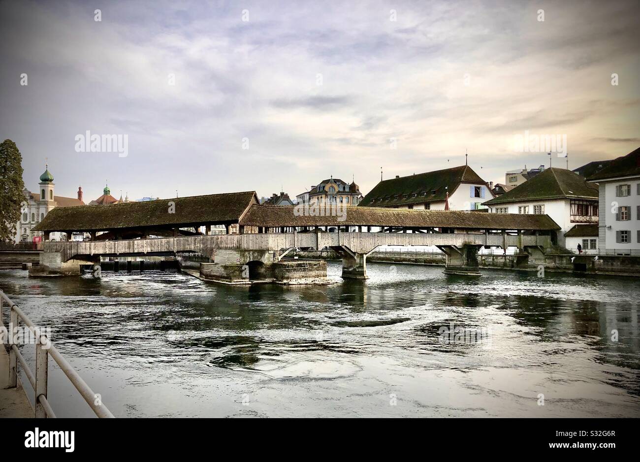 Spreuer bridge, a wooden covered footbridge in Lucerne, Switzerland - Smartphone Captured Stock Image