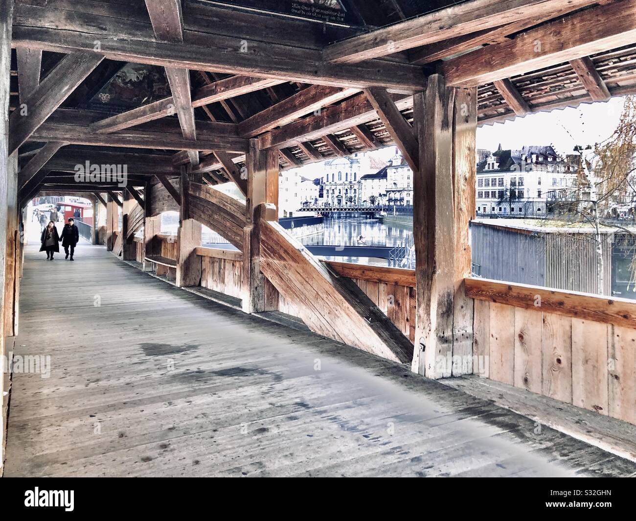 Spreuer bridge, medieval wooden covered footbridge in Lucerne, Switzerland - Smartphone Captured Stock Image