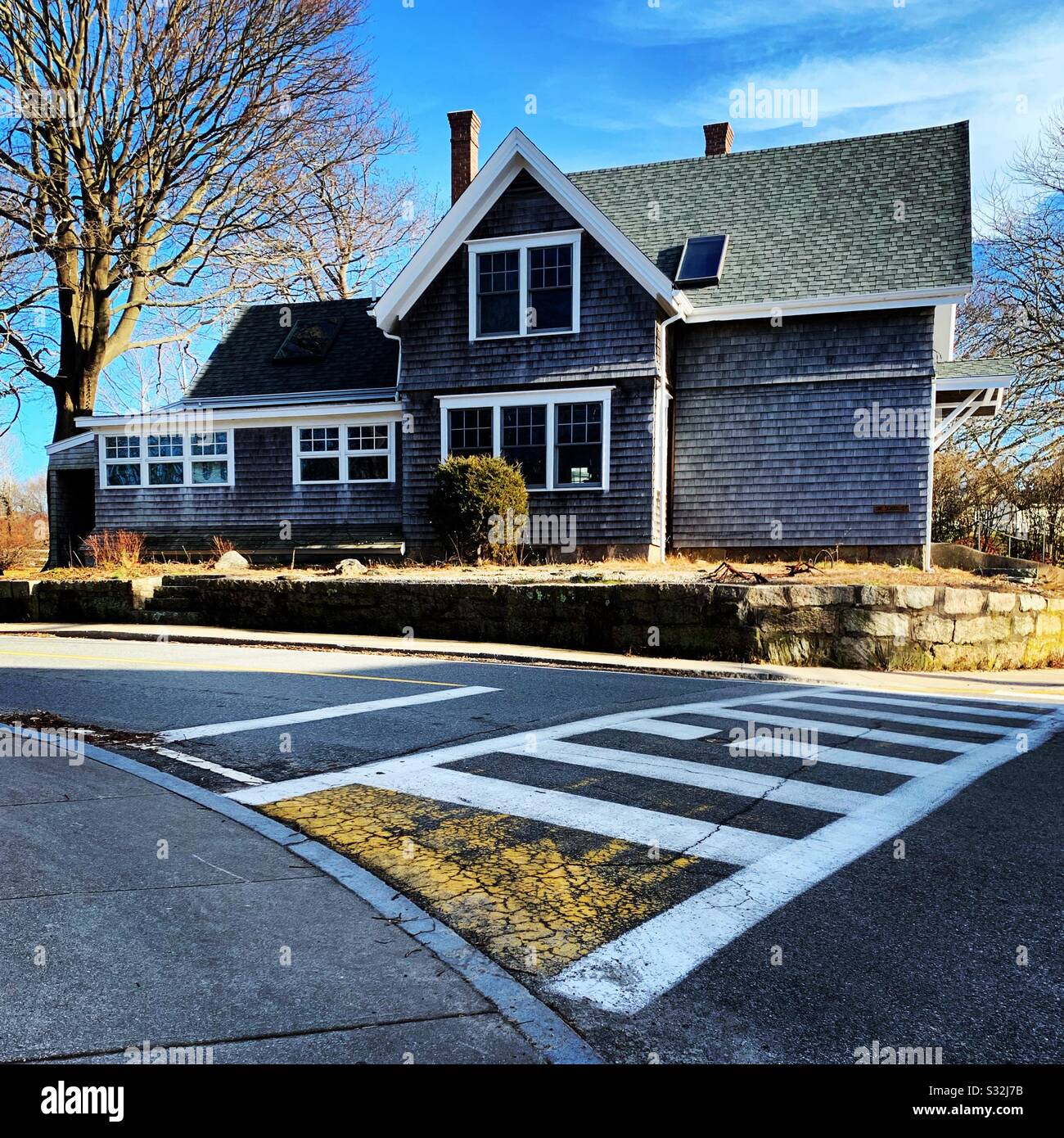 Winter view of a home in Woods Hole, Falmouth, Cape Cod, Massachusetts, United States - Smartphone Captured Stock Image