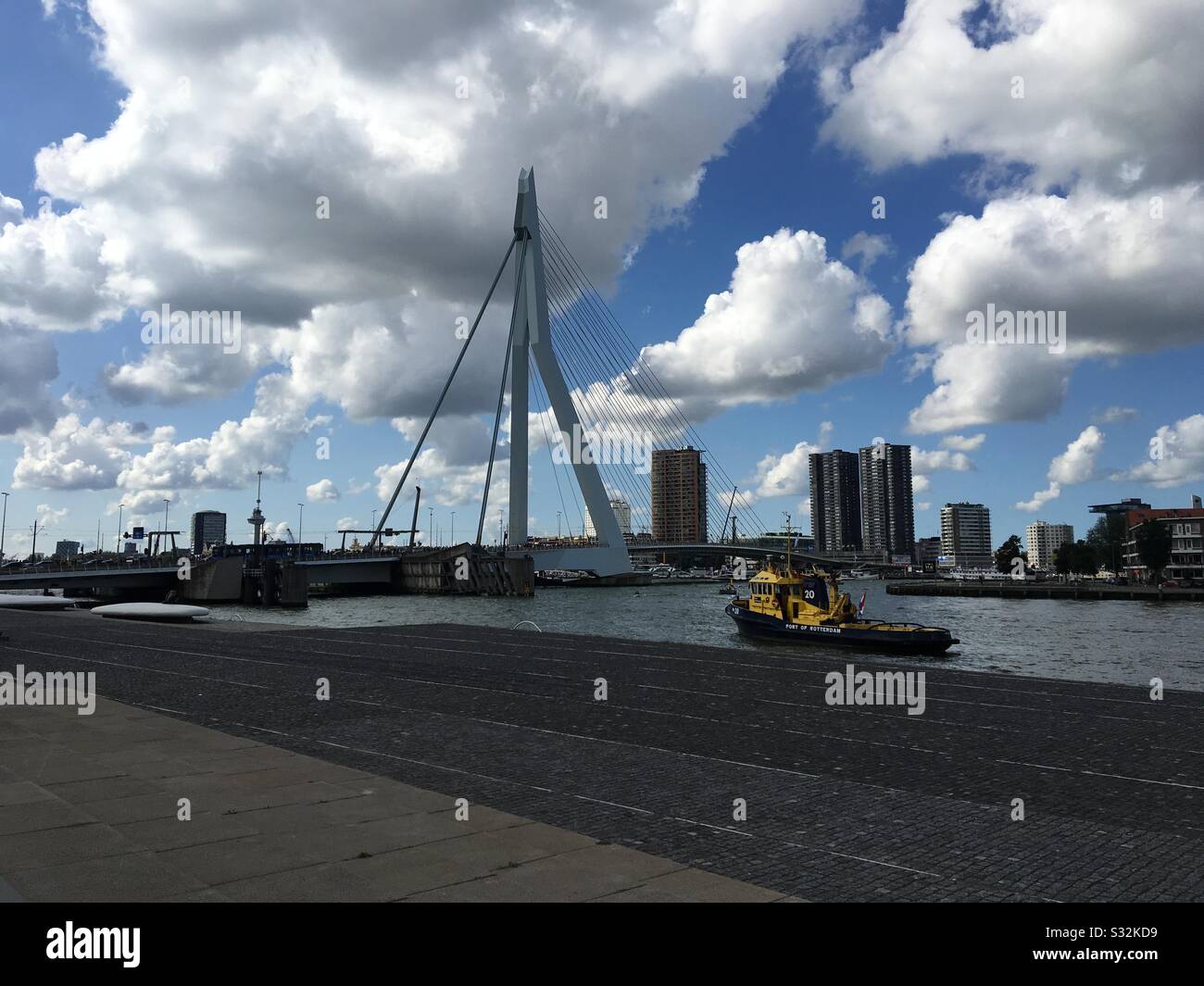 Erasmus Bridge and Rotterdam Skyline Stock Photo