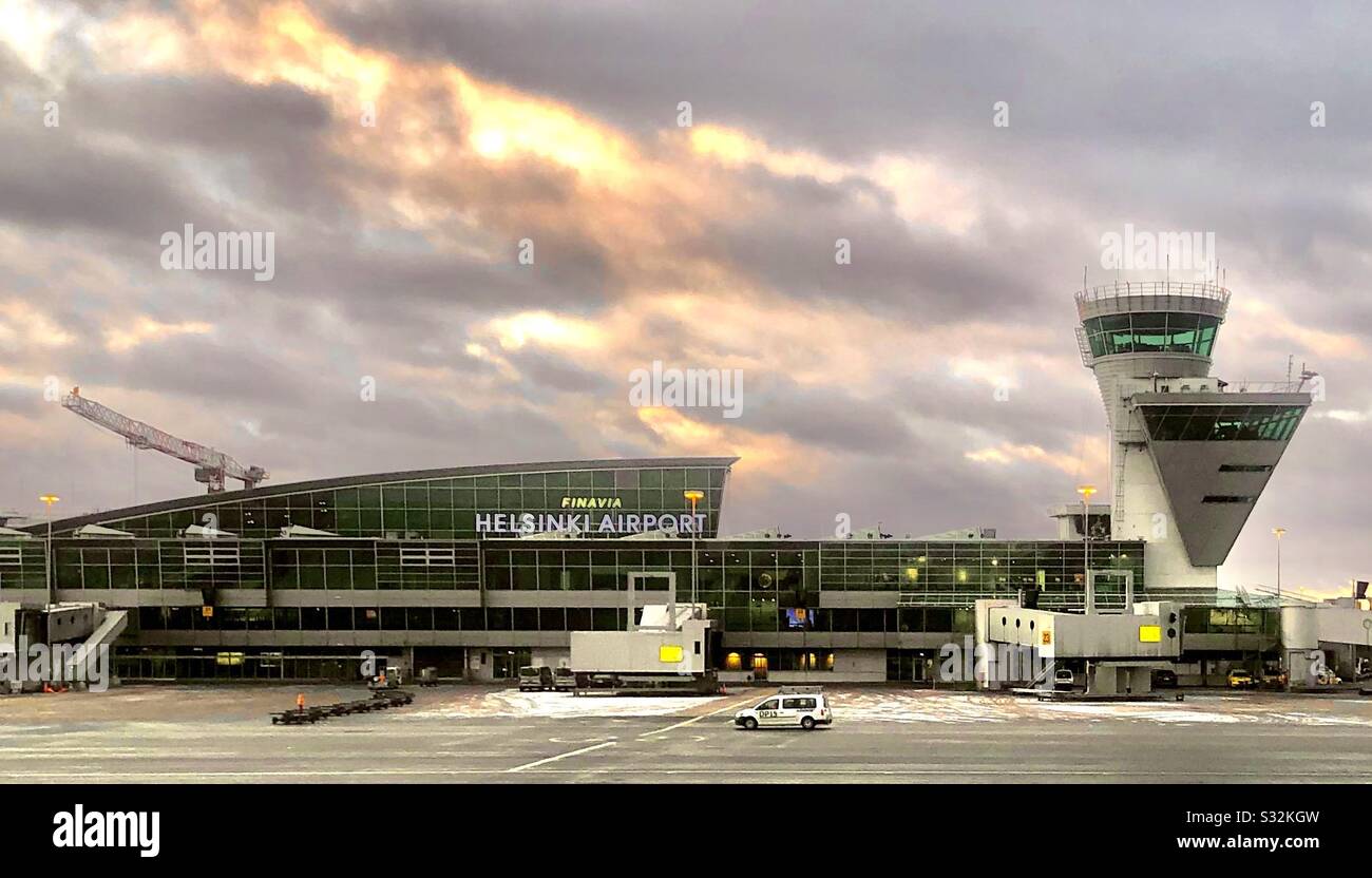 Helsinki vantaa international airport terminal and control tower, outside view Stock Photo
