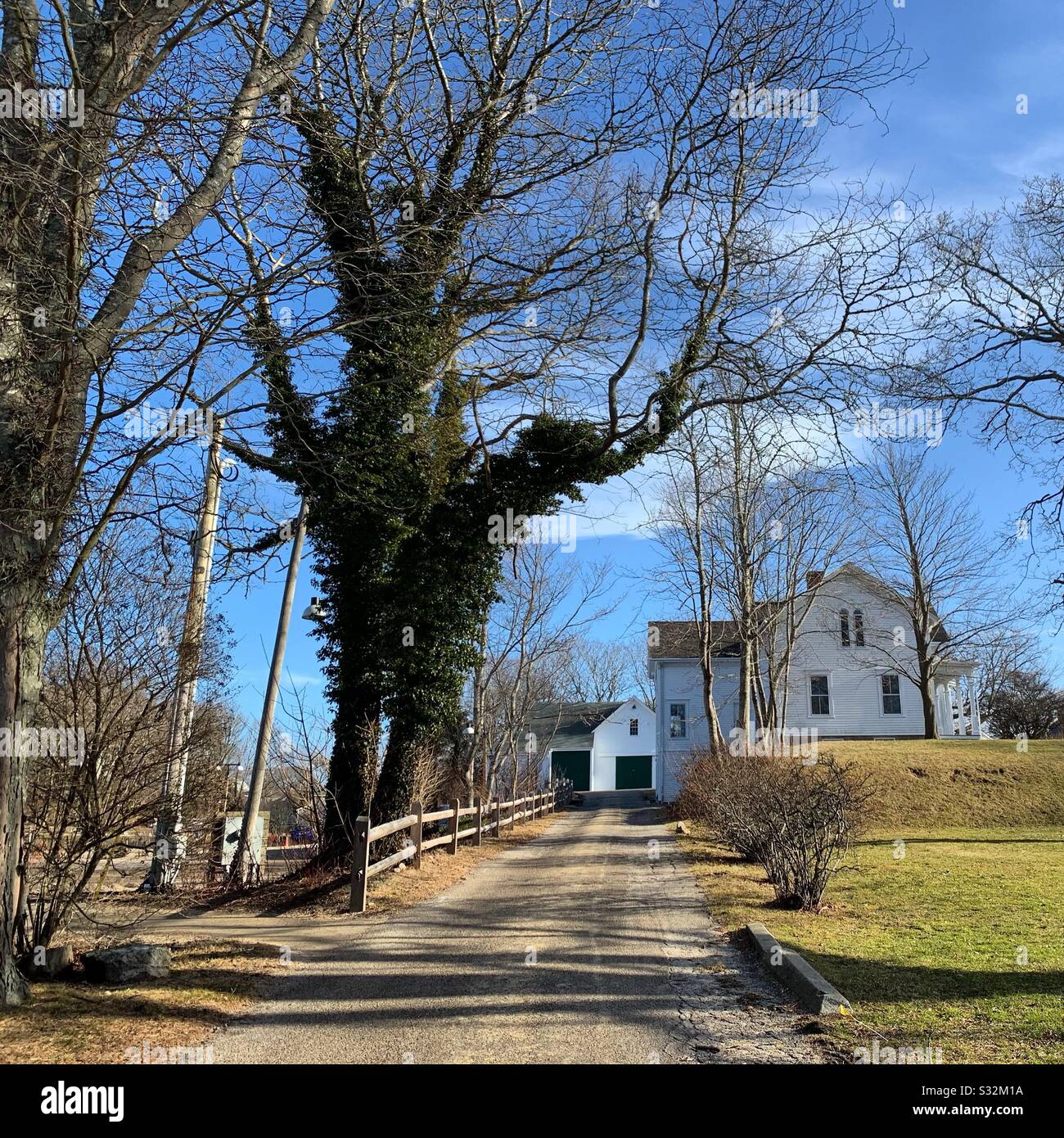 Winter view of historic architecture in Woods Hole, Falmouth, Cape Cod, Massachusetts, United States - Smartphone Captured Stock Image