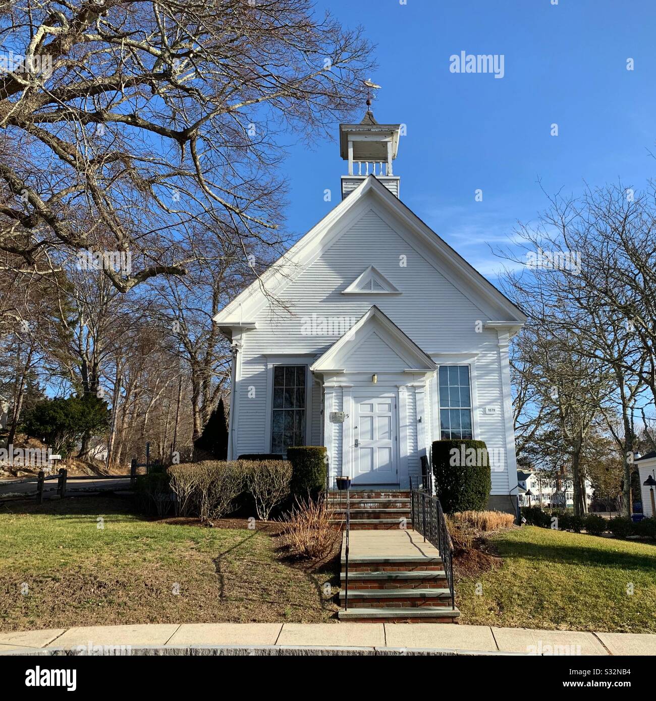 Winter view of historic architecture in Woods Hole, Falmouth, Cape Cod, Massachusetts, United States - Smartphone Captured Stock Image