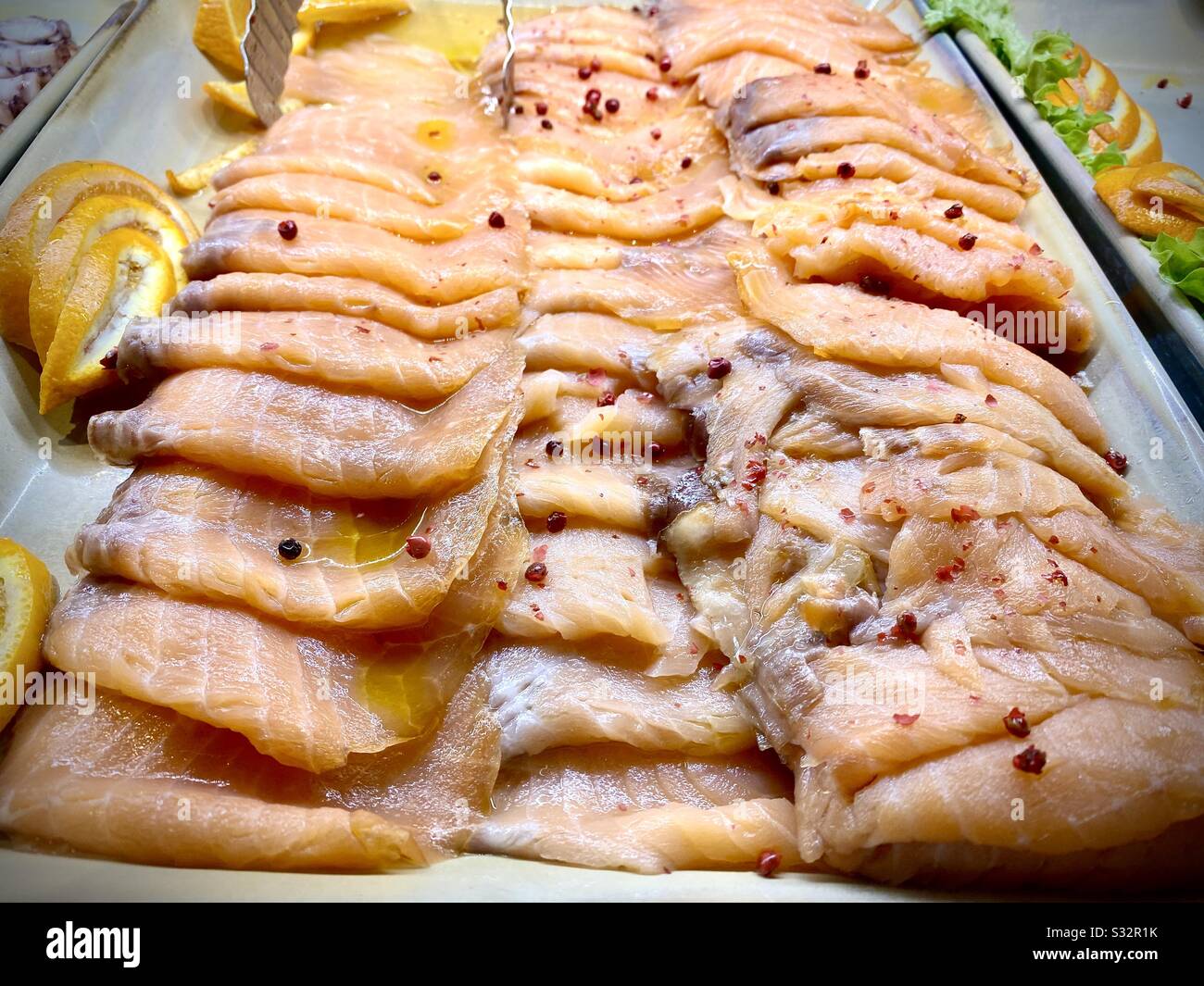 Delicious smoked salmon with red pepper - Smartphone Captured Stock Image