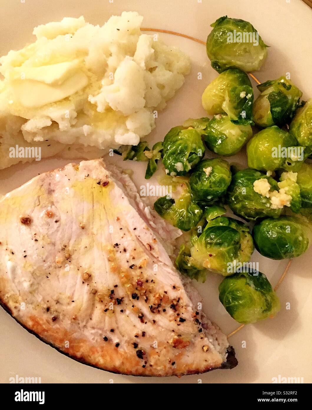 Flat lay of a gourmet meal of grilled swordfish on a fine China plate - Smartphone Captured Stock Image