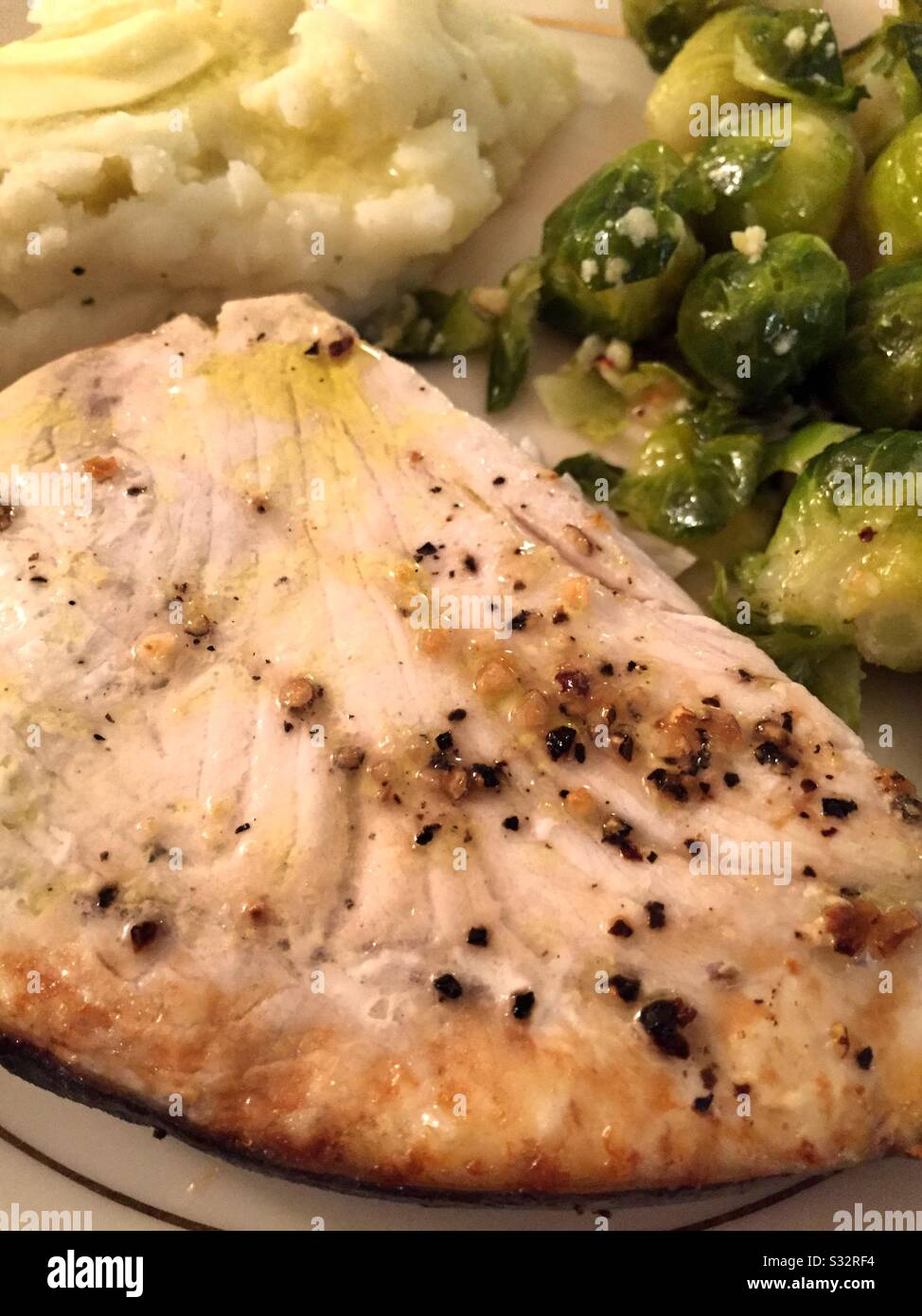 Flat lay of a gourmet meal of grilled swordfish on a fine China plate - Smartphone Captured Stock Image