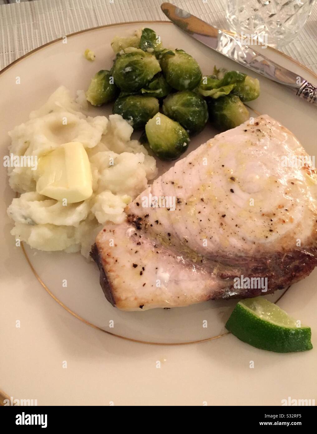 Flat lay of a gourmet meal of grilled swordfish on a fine China plate - Smartphone Captured Stock Image