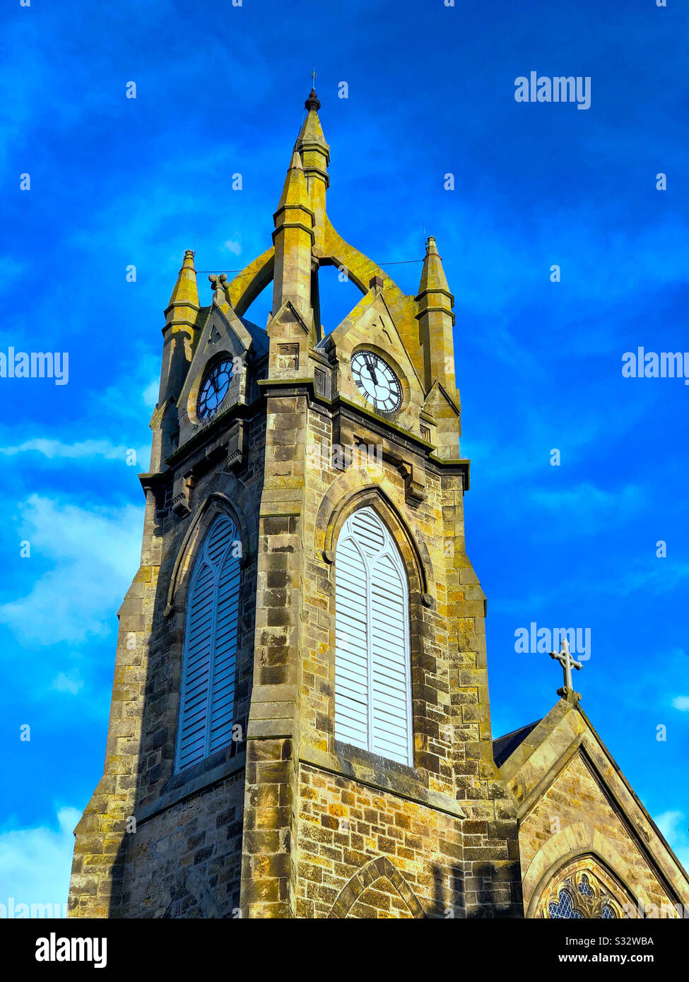 The spire of the North Church, Buckie, Moray ( Banffshire), Scotland. - Smartphone Captured Stock Image