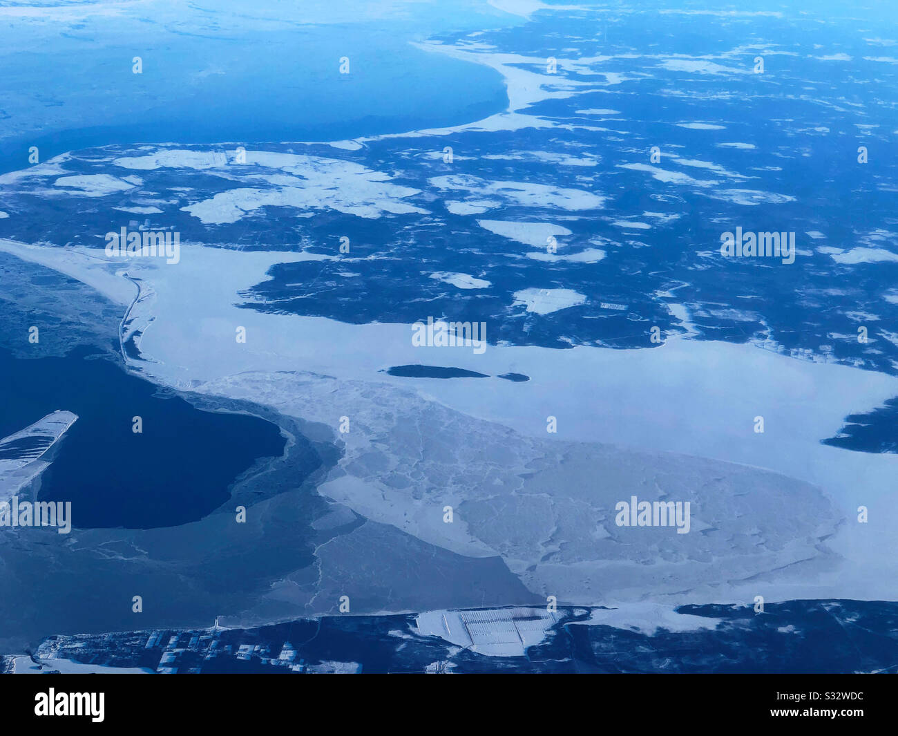 Aerial view of Alnwick, New Brunswick, Canada from an airplane window - Smartphone Captured Stock Image