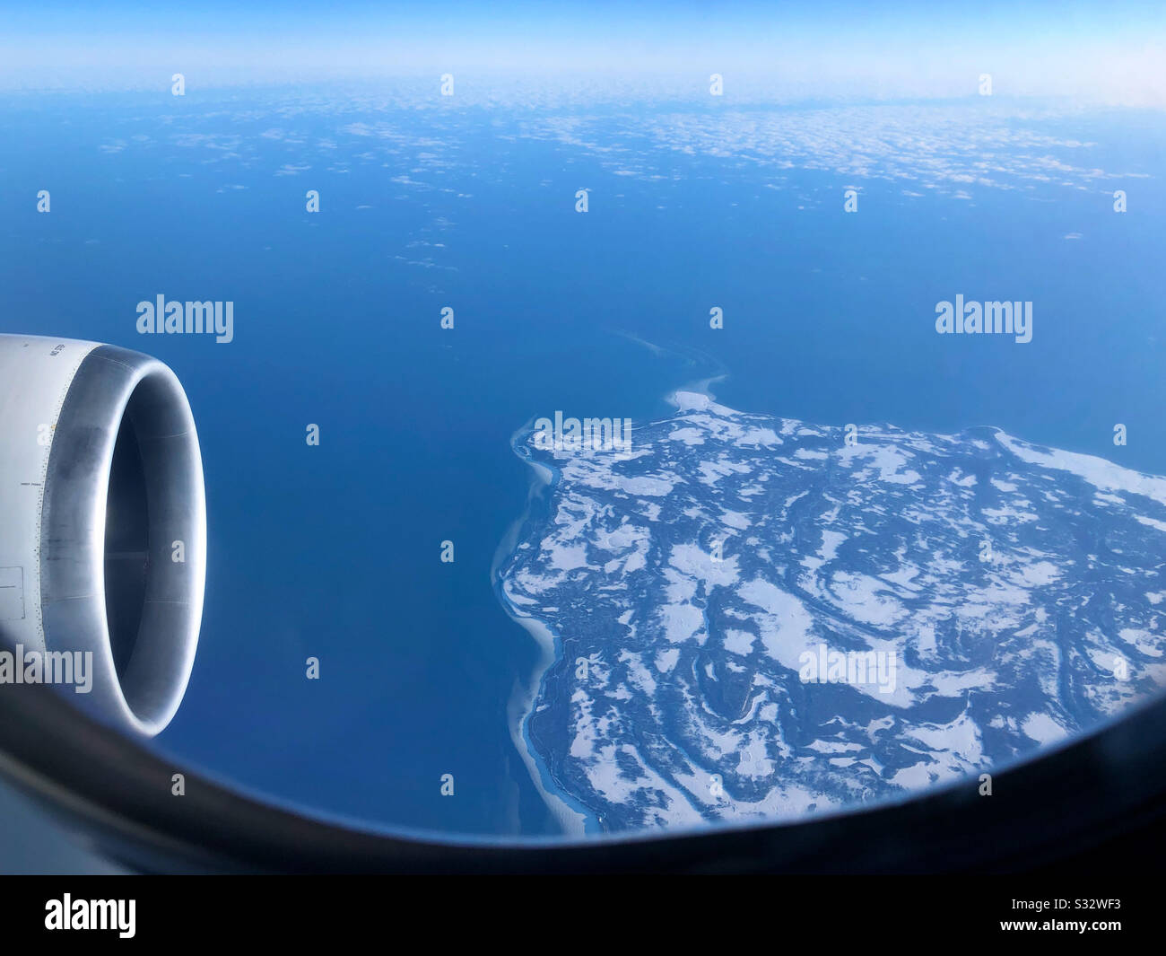 Anticosti Island (Île d’Anticosti) in the Gulf of Saint Lawrence, Quebec, Canada from an airplane window - Smartphone Captured Stock Image