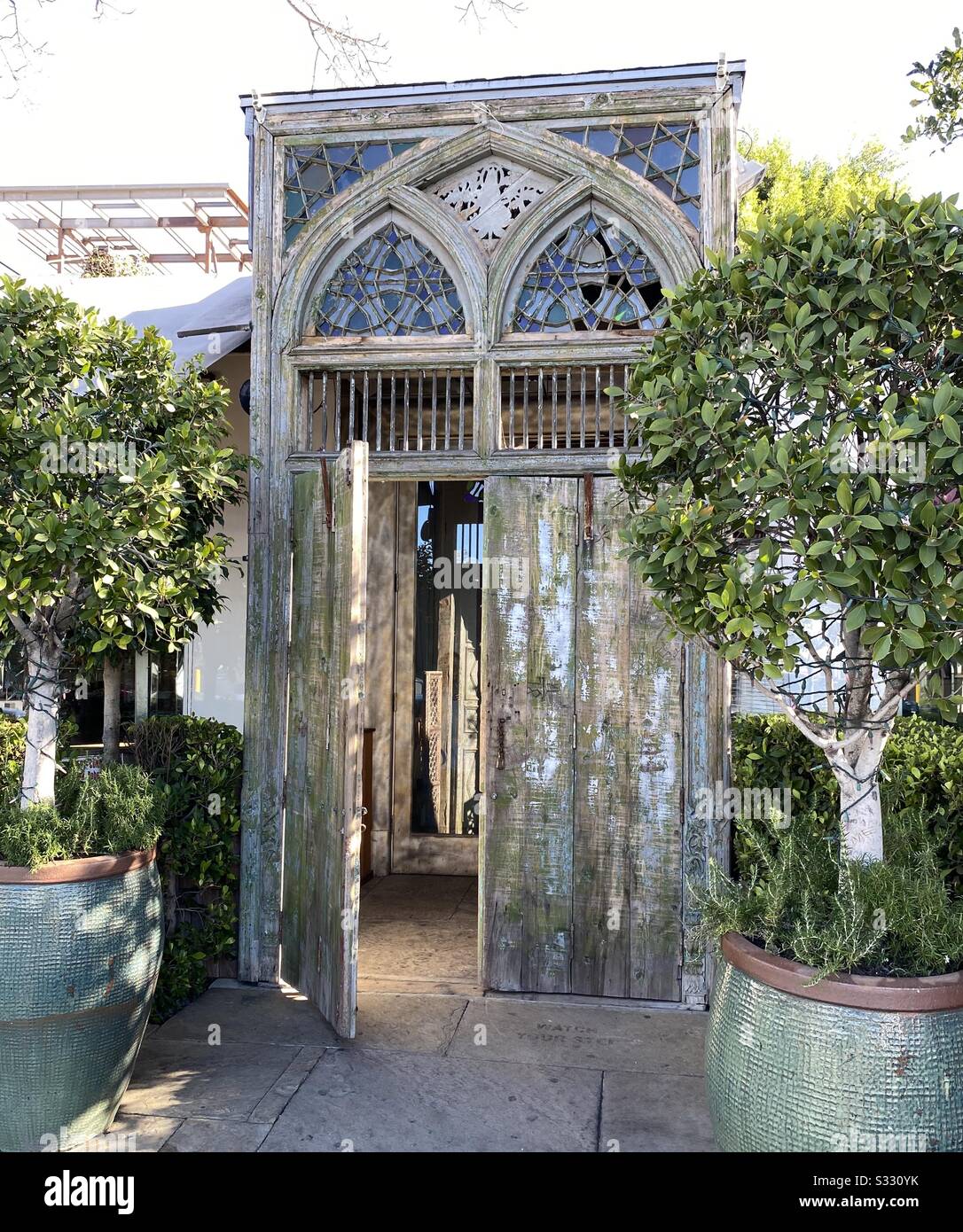 Beautiful wooden doors with potted landscape - Smartphone Captured Stock Image