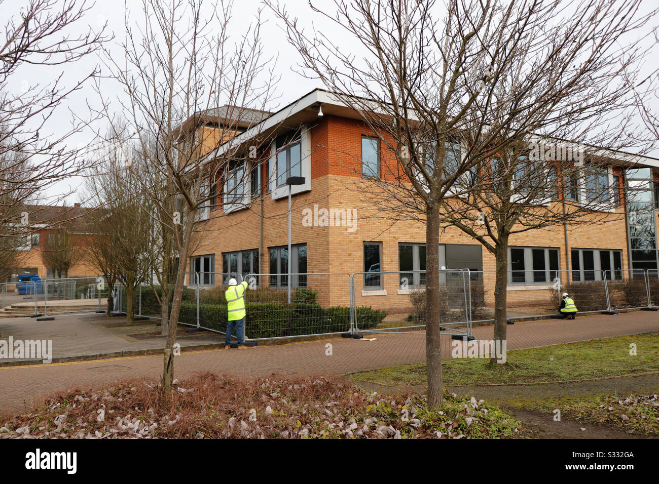 Preparations underway at Kents Hill Park Conference Centre, Milton Keynes, to receive 150 quarantined British Citizens, Arriving from China - Smartphone Captured Stock Image