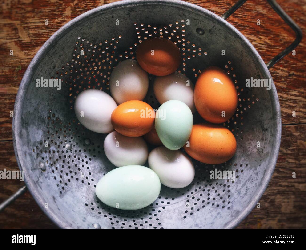 Colorful farm fresh eggs in a colander. - Smartphone Captured Stock Image