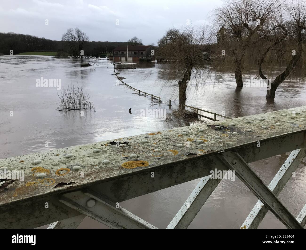 River Ure at Aldwark Toll Bridge, near York, North Yorkshire flooded fields as a result of Storm Ciara - Smartphone Captured Stock Image