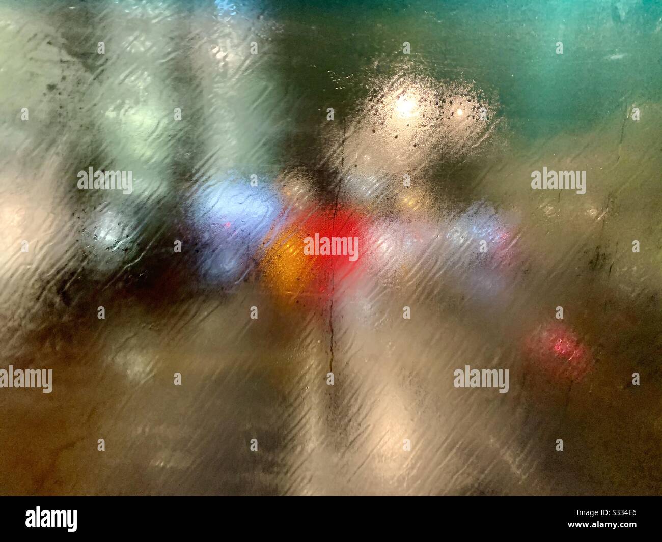 Blurry window on a rainy bus ride to London Bridge - Smartphone Captured Stock Image