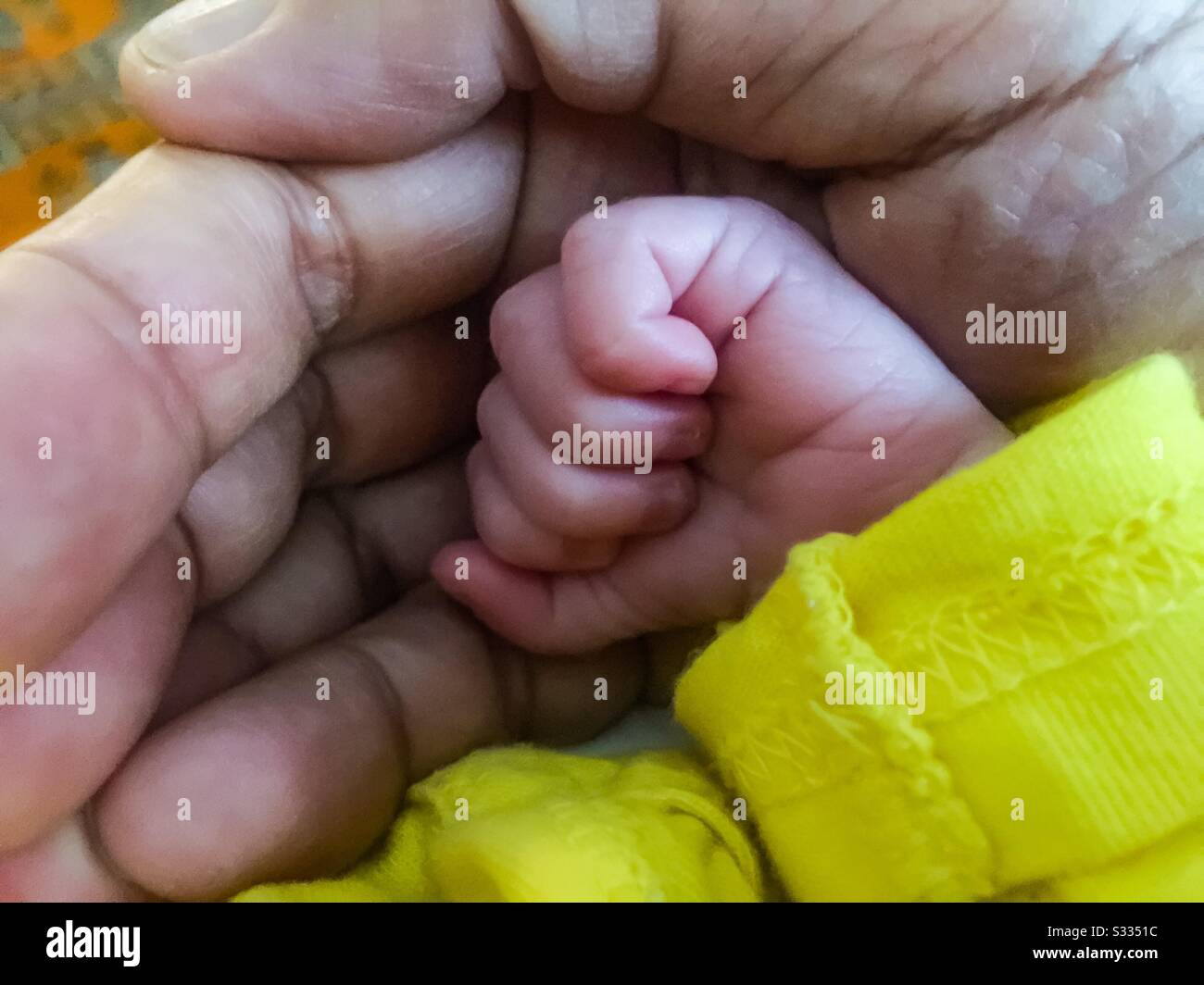 Sheltering Hand. Two generations apart. Flesh of my flesh. Bone of my bone. Big hand small hand. - Smartphone Captured Stock Image