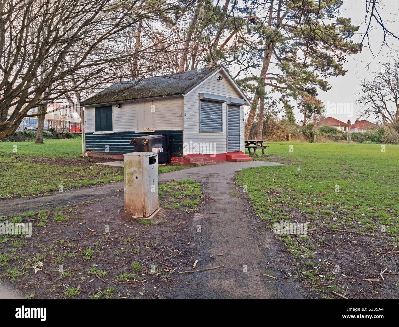 A café in Ashcombe Park, Weston-super-Mare, UK closed and shuttered for the winter Stock Photo