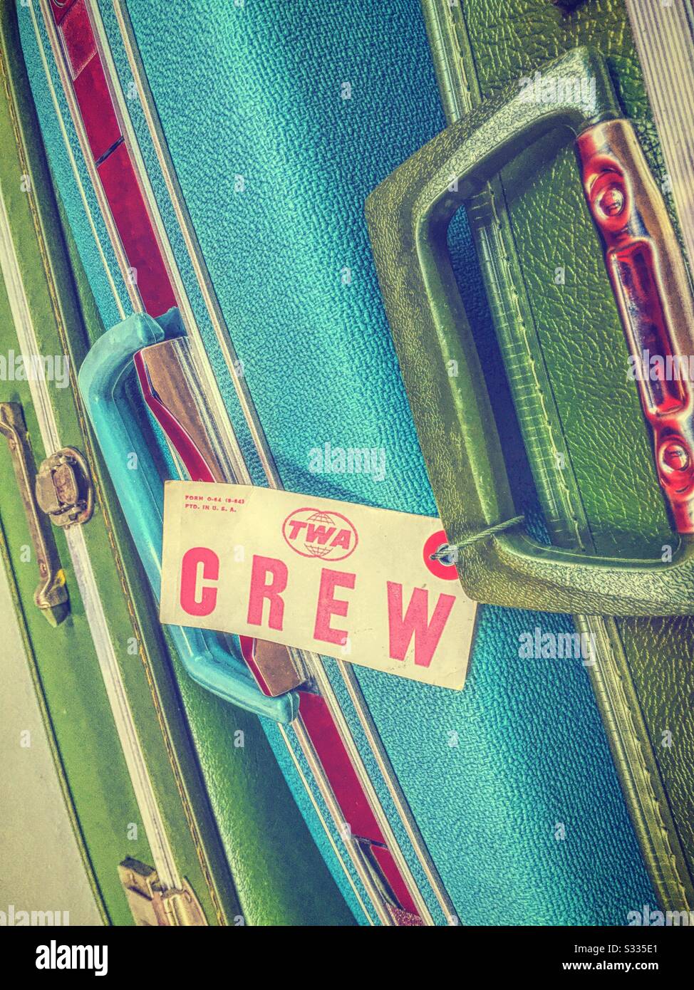 TWA crew tag on a vintage Samsonite suitcase, 1960s, USA - Smartphone Captured Stock Image