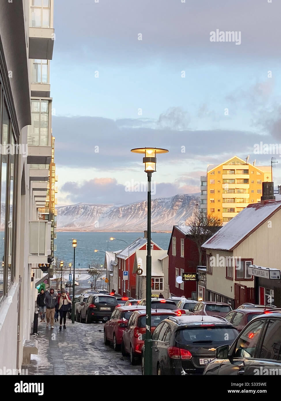 View of the water in downtown Reykjavik, Iceland on December 15, 2019. - Smartphone Captured Stock Image