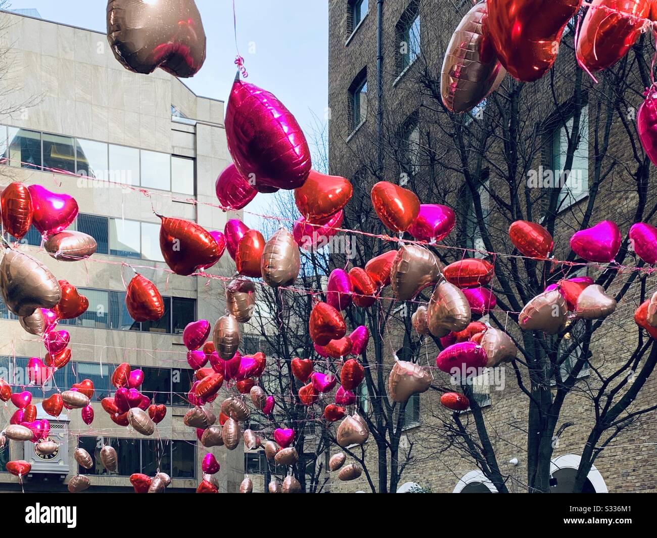 Heart balloons on Valentine’s Day in Devonshire square - Smartphone Captured Stock Image
