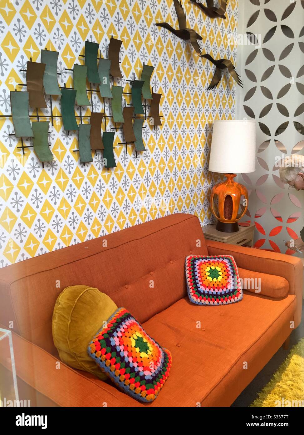 Retro 1962 living room exhibit at the TWA hotel, JFK airport, NYC, USA - Smartphone Captured Stock Image