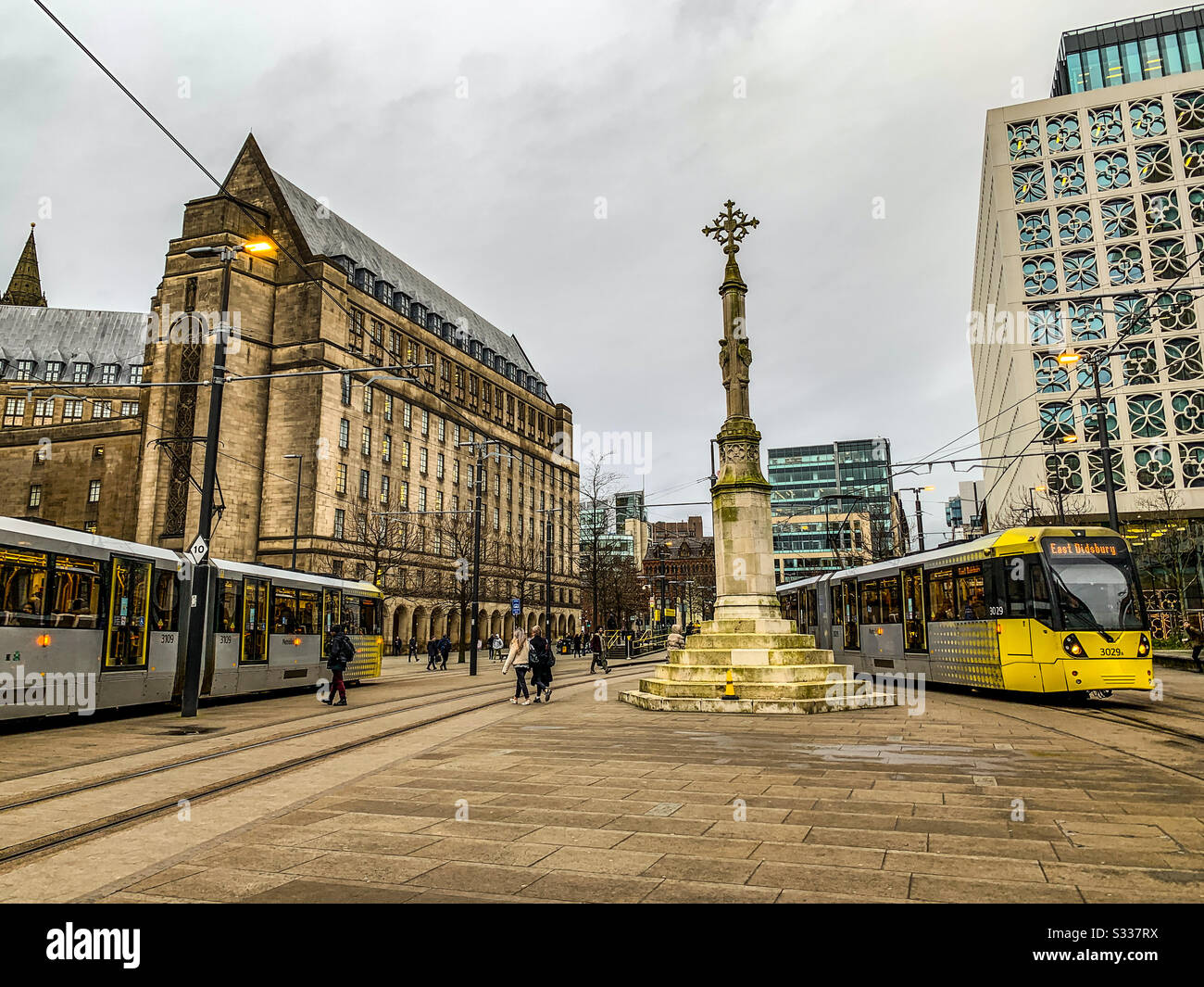Metrolink tram in St. Peter’s square tramstop in Manchester City centre - Smartphone Captured Stock Image