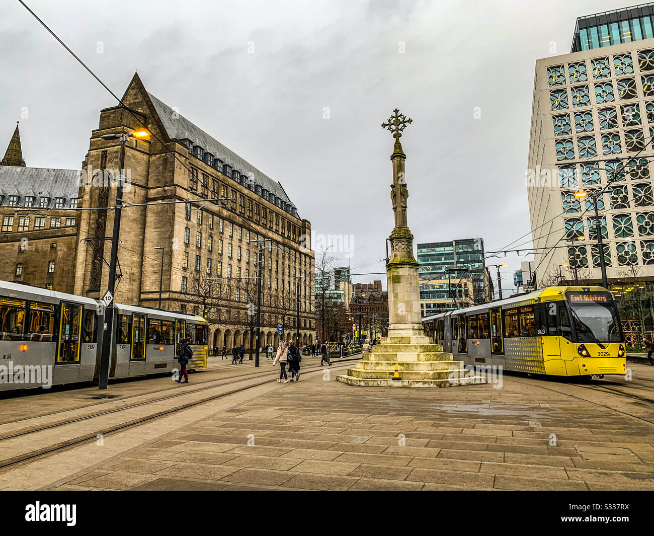Metrolink tram in St. Peter’s square tramstop in Manchester City centre Stock Photo