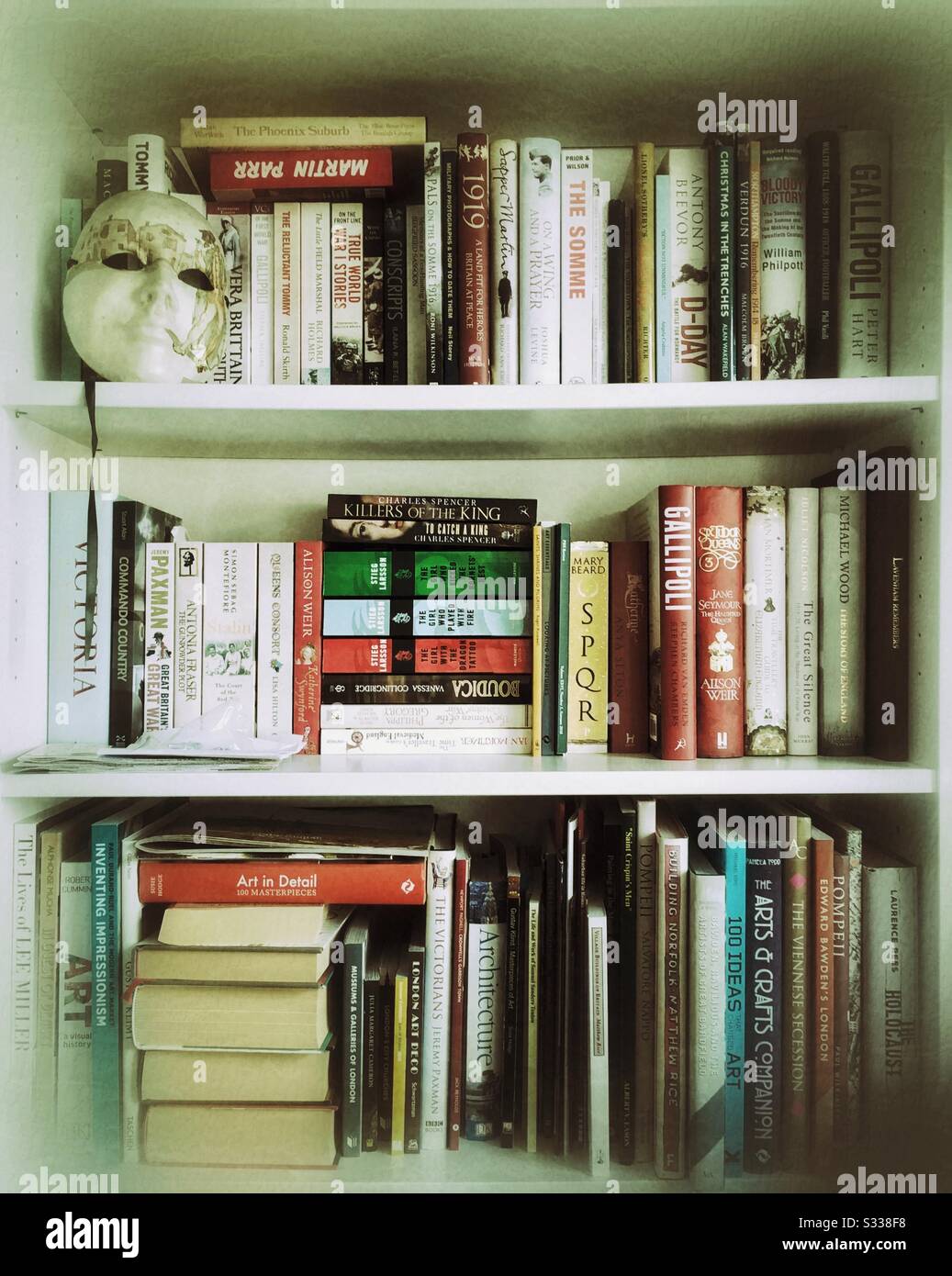 Bookshelves in a home library, UK; texture and vignette added. - Smartphone Captured Stock Image