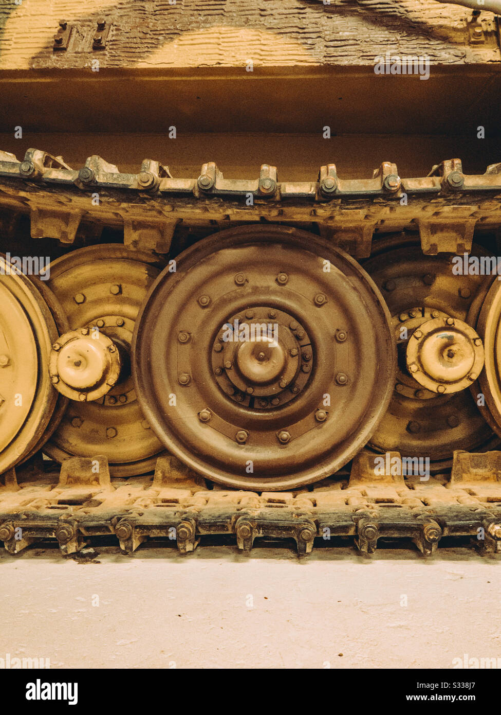 Detailed shot of tank track and wheels Stock Photo