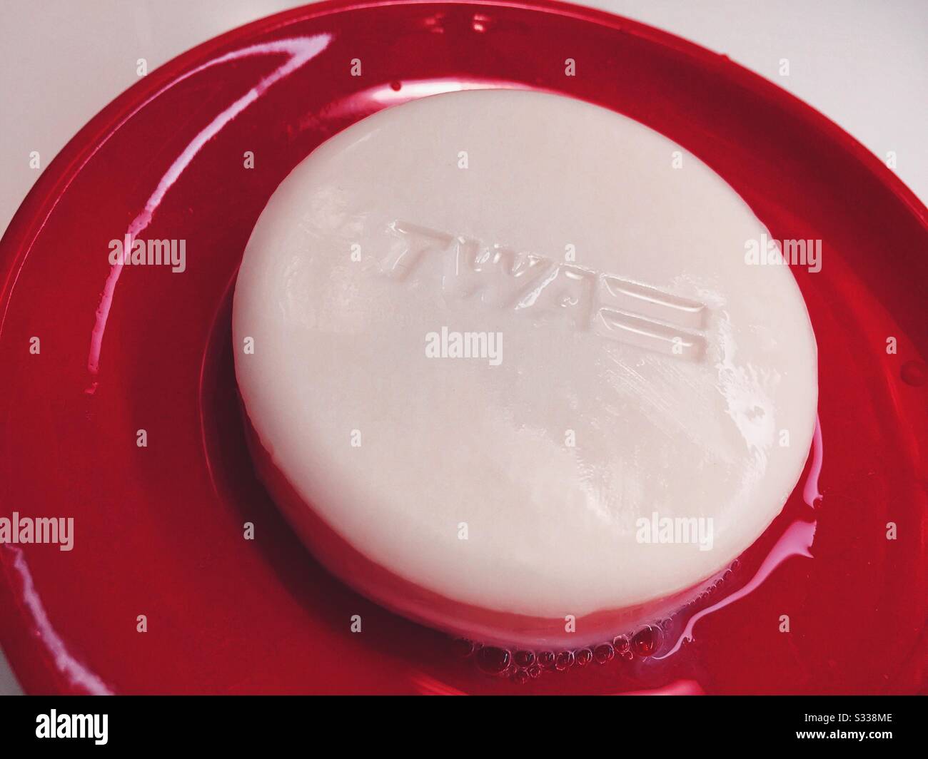 Bathroom soap with TWA logo in a TWA hotel room at JFK airport, NYC, USA - Smartphone Captured Stock Image