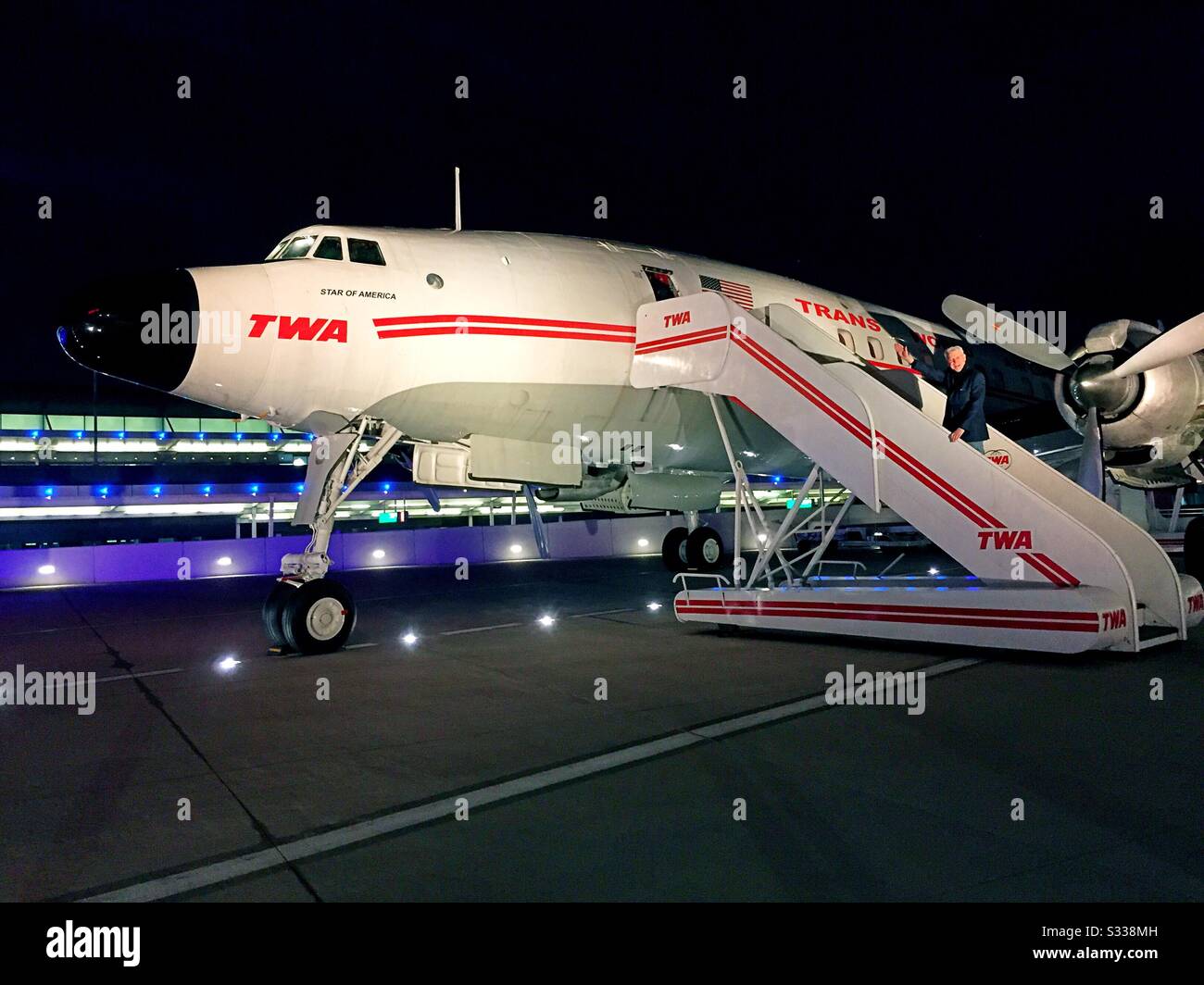 A 1950s constellation aircraft is now the Connie, a cocktail lounge at the TWA hotel at JFK airport in New York City, United States - Smartphone Captured Stock Image