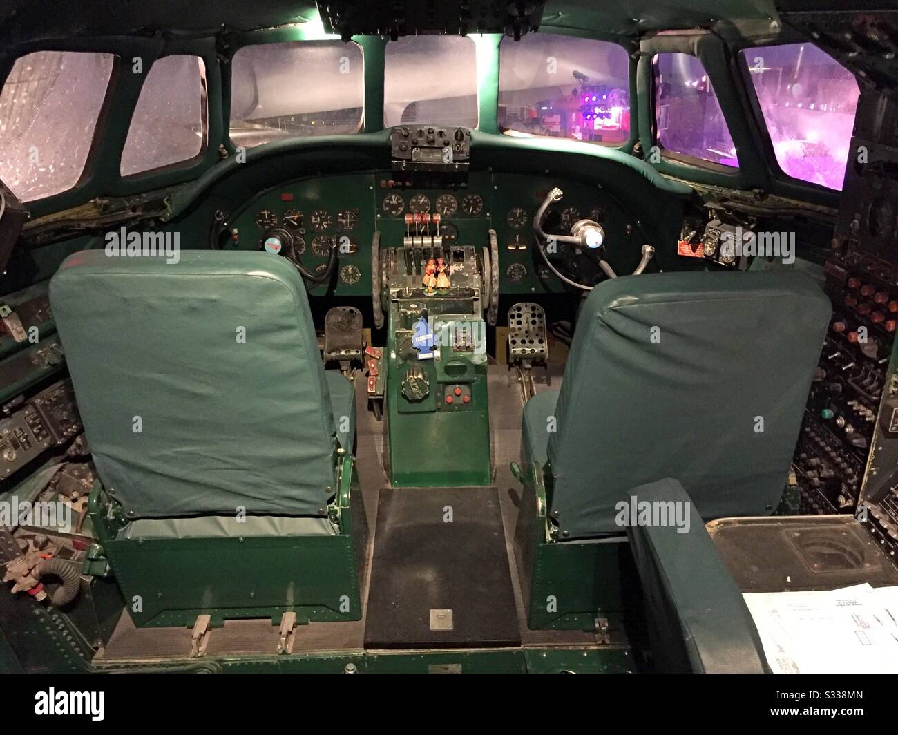 The cockpit of a 1950s constellation aircraft is now part of the cocktail lounge, the Connie, located in the TWA hotel at JFK airport in New York City, USA - Smartphone Captured Stock Image