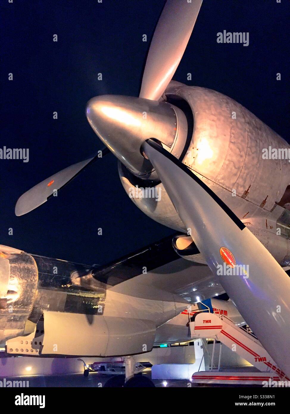 Constellation Aircraft is a propeller driven airplane on display at the TWA hotel at the JFK Airport in New York City, USA - Smartphone Captured Stock Image