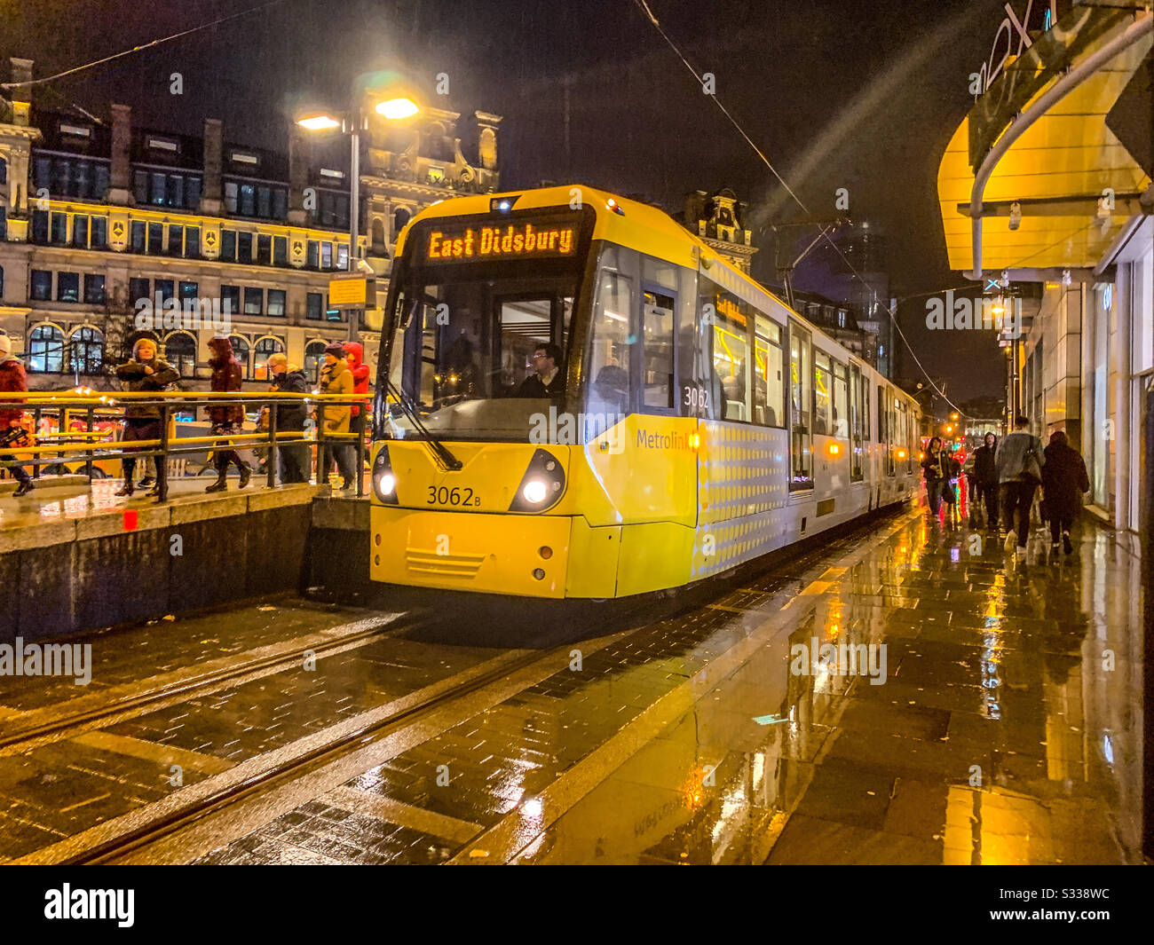 Metrolink tram at Exchange Square in Manchester Stock Photo