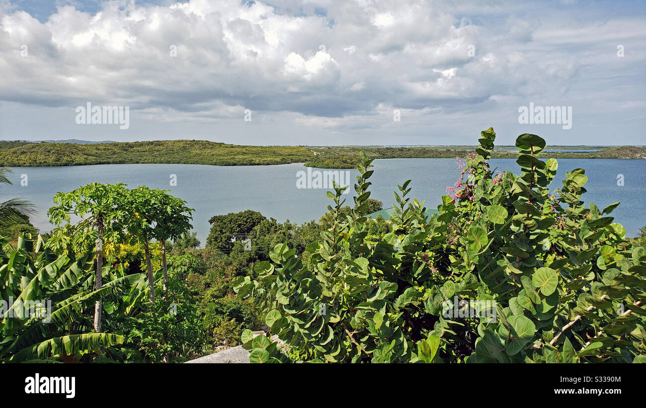 Overlooking Mercer Creek Bay from Seatons, Antigua Barbuda Lesser Antilles, West Indies, Caribbean. - Smartphone Captured Stock Image