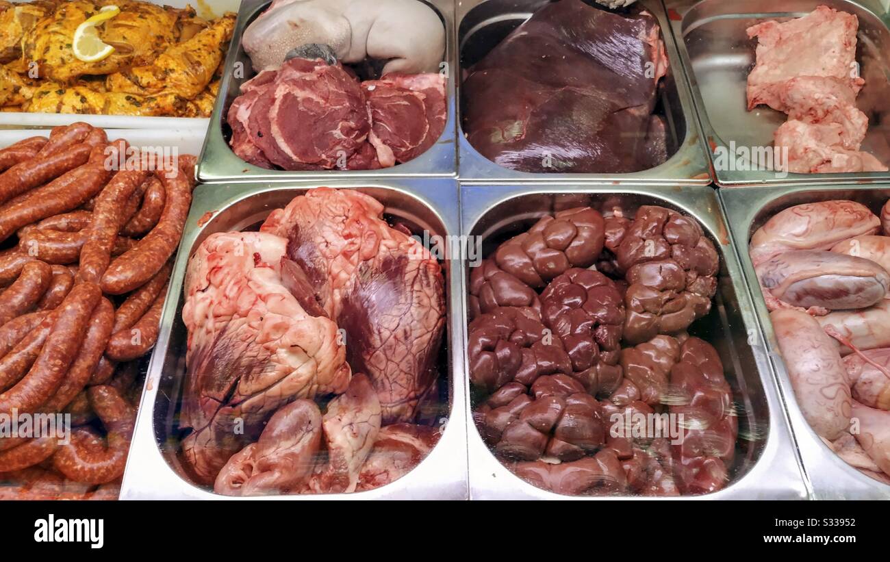 Assorted offal for sale. Stock Photo