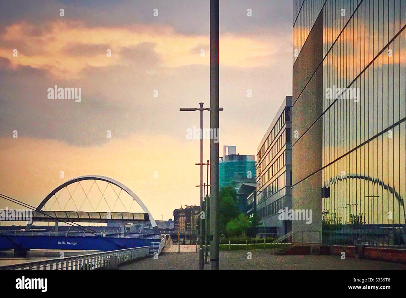 Bells bridge and Clyde Arc (Squinty Bridge) on the River Clyde in Glasgow, Scotland. - Smartphone Captured Stock Image
