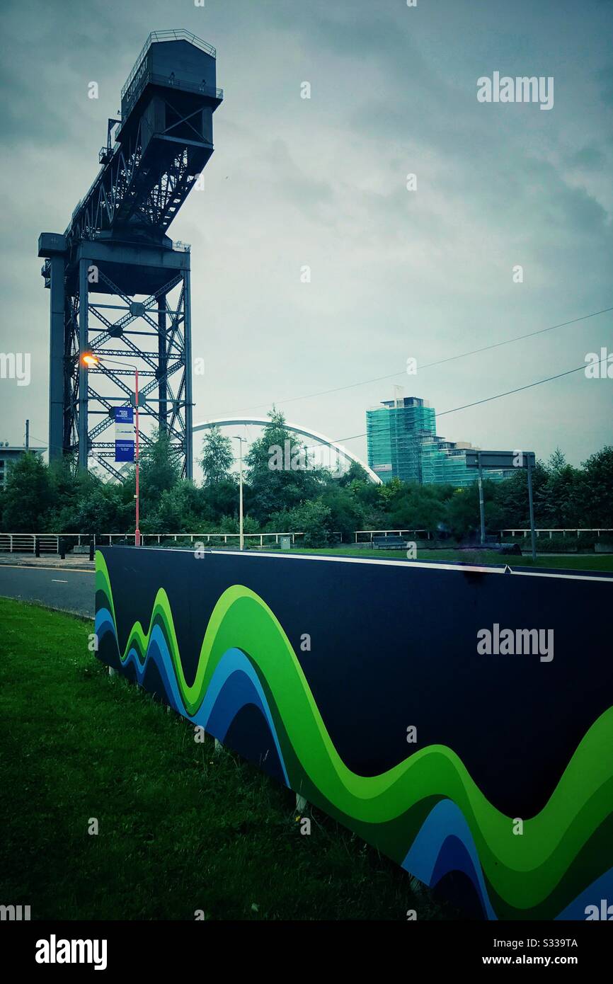 Finnieston Crane and Clyde Arc (Squinty Bridge) on the River Clyde in Glasgow, Scotland. - Smartphone Captured Stock Image