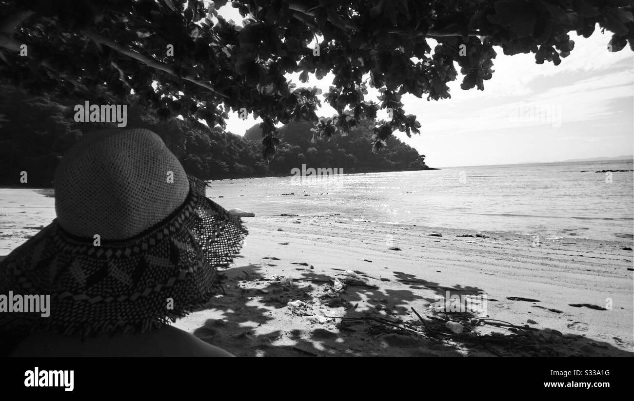 Quiet beach with one person wearing sun hat in shade of tree in black and white Stock Photo