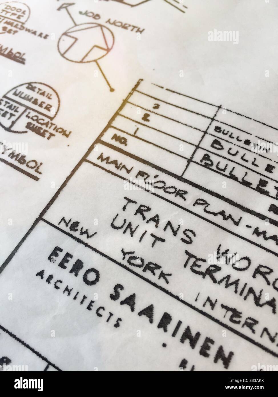 Blueprints in an an architects office museum exhibit at the TWA hotel at JFK airport, NYC, USA - Smartphone Captured Stock Image
