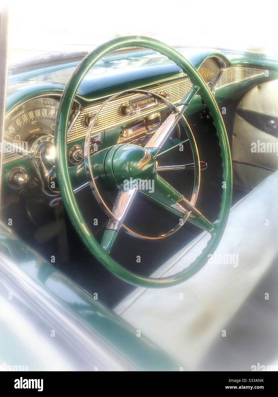 Antique Chevrolet Bel Air Car, Steering Wheel - Smartphone Captured Stock Image