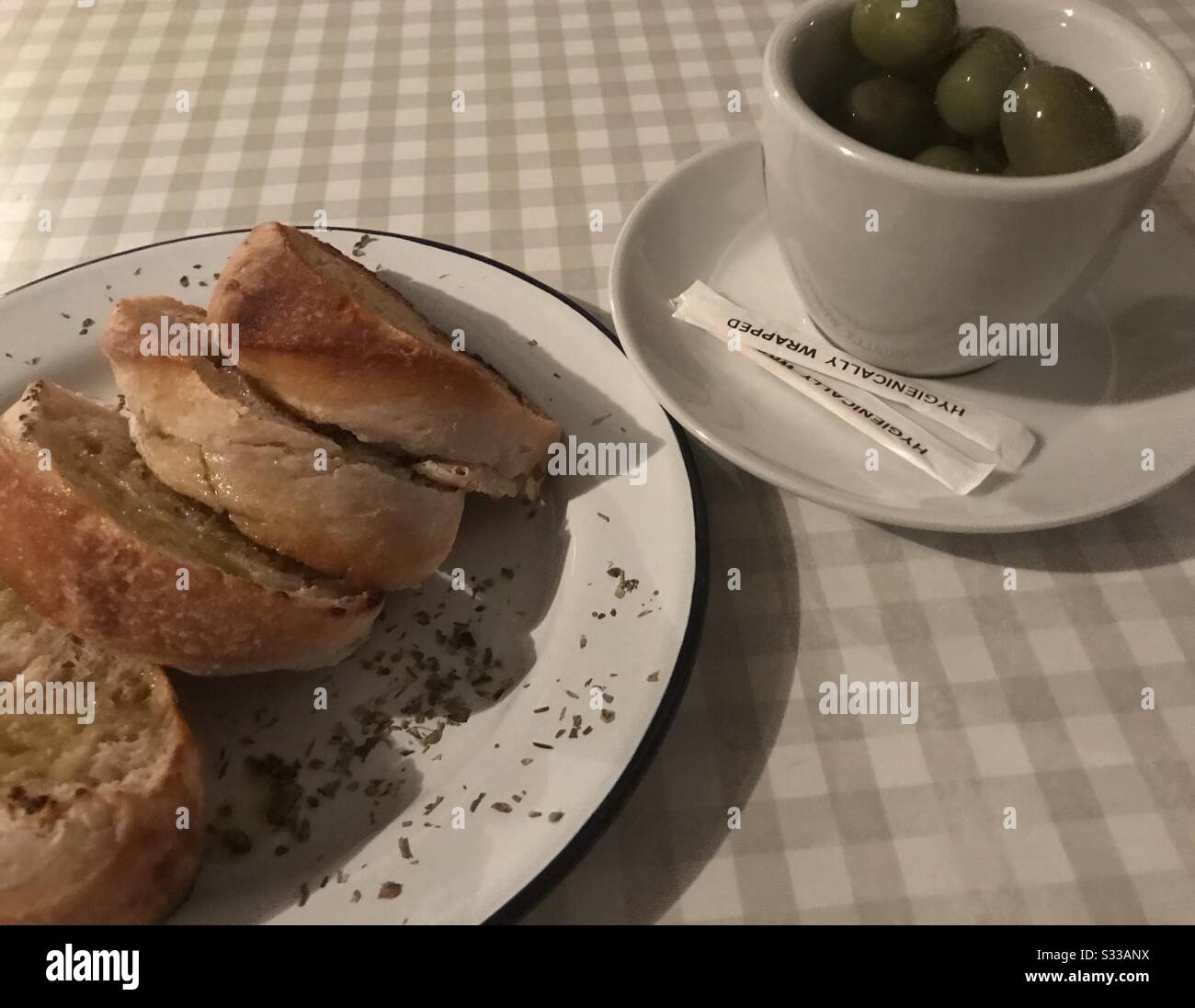 Garlic bread and olives. Stock Photo