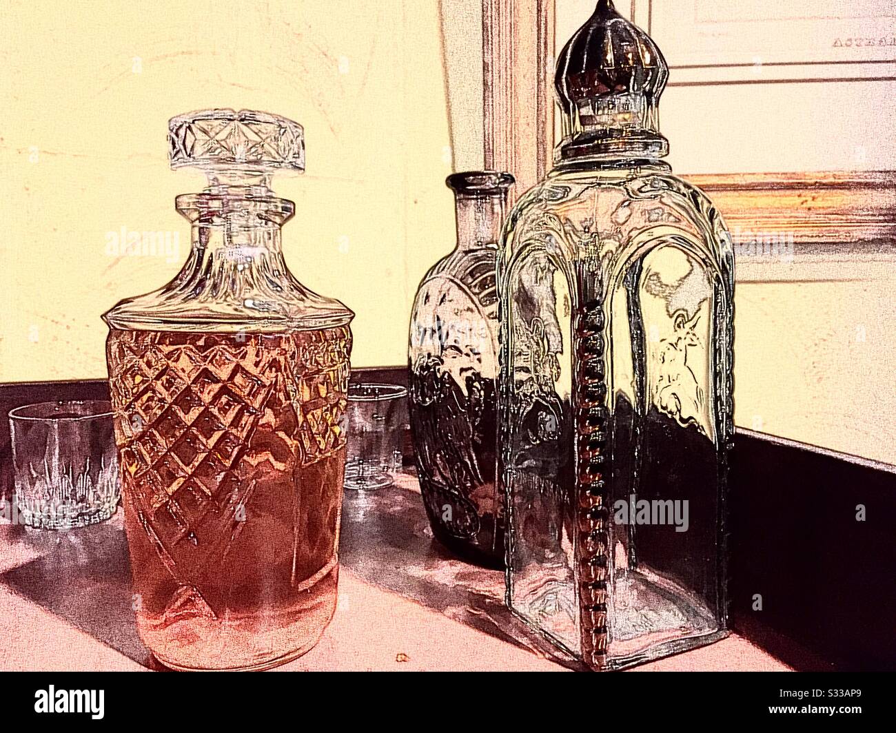 Decanters on a upscale residential bar Stock Photo