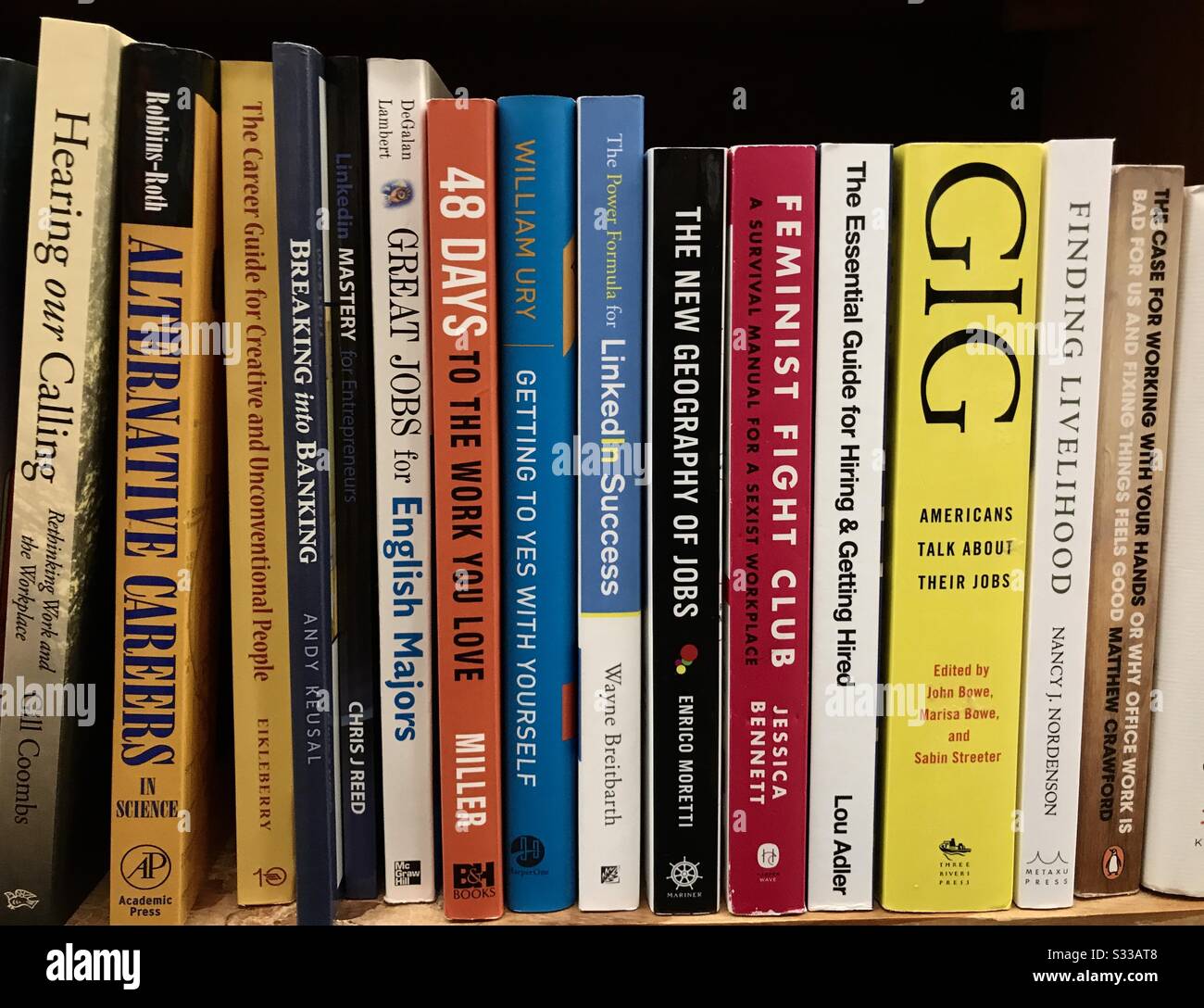 A stack of books related to careers and gigs on a shelf in America. Taken in Minneapolis, Minnesota. Stock Photo