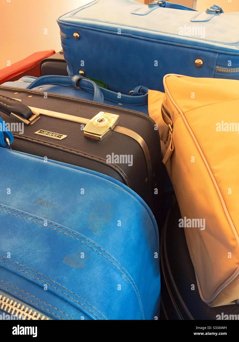 Close up still life of 1960s vintage suitcases and trunks, USA - Smartphone Captured Stock Image